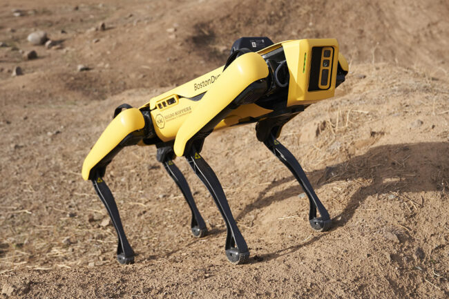 Entrenamiento-SPOT-EVA Robot cuadrúpedo Spot de Boston Dynamics con logo Sigdo Koppers avanzando en terreno
